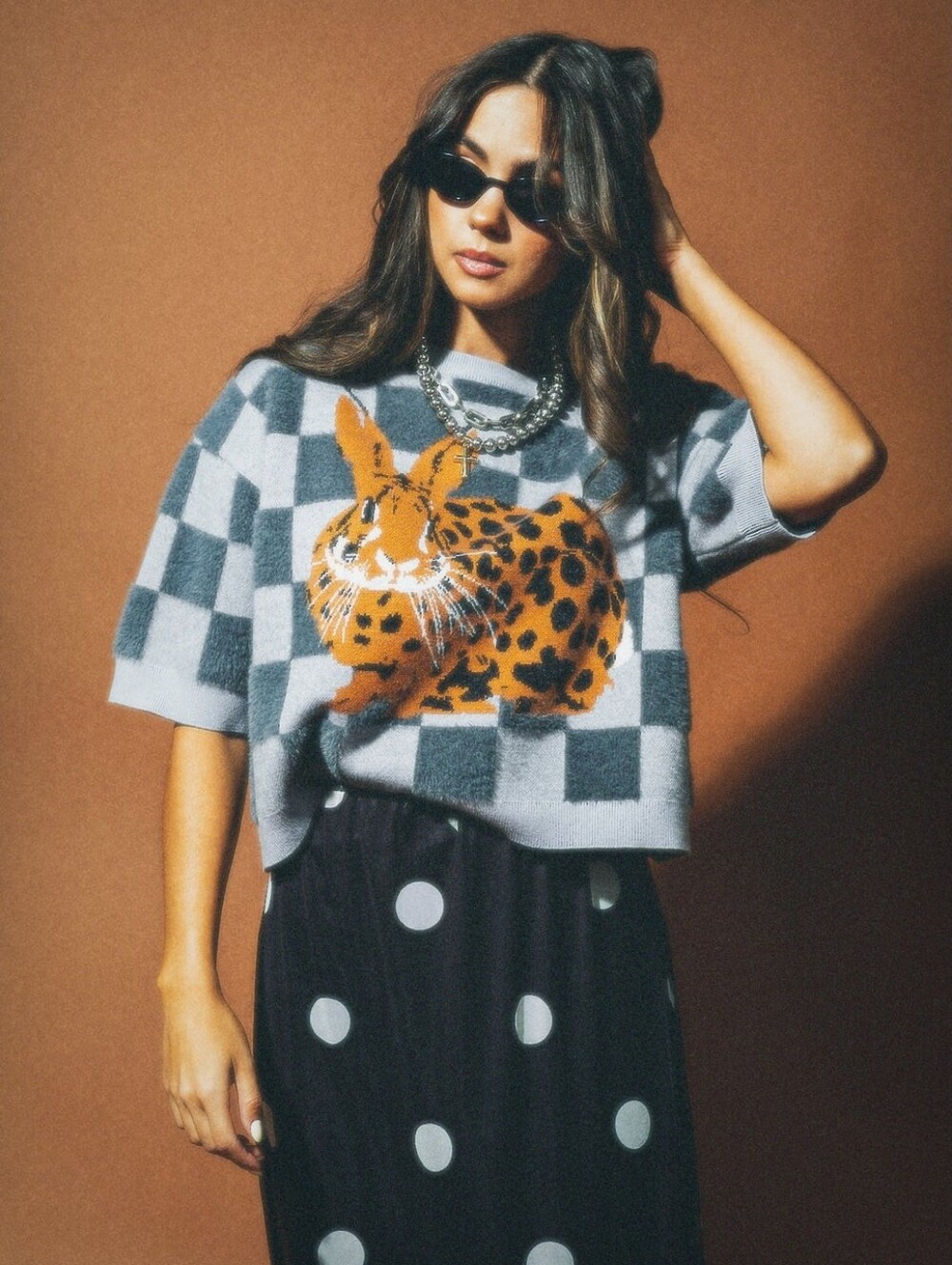 Dressed in LALA Lavender & Gray Checkerboard Bunny Sweater - Picture 3 of 7